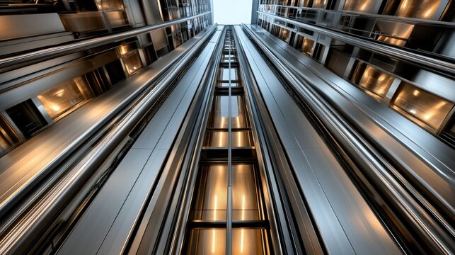 Modern glass elevators rise between sleek metal walls in an urban setting during daytime, showcasing architectural design and engineering