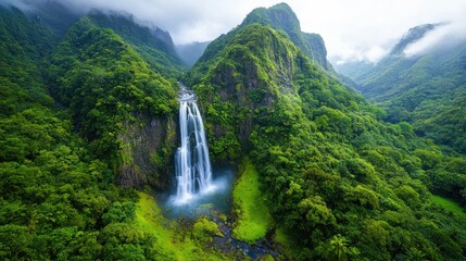 Fototapeta premium Lush Waterfall Cascading Mountains, Tropical Paradise, Drone View, Travel Poster