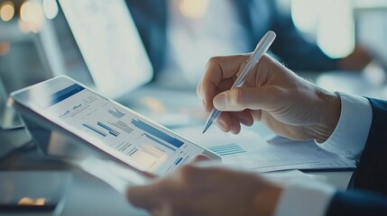 Business professional using pen on tablet to review and analyze data - related charts and graphs. Office work and business analysis concept.