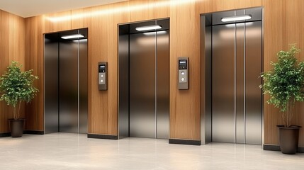 Modern elevator lobby with polished wood paneling and indoor plants in a contemporary building during the day