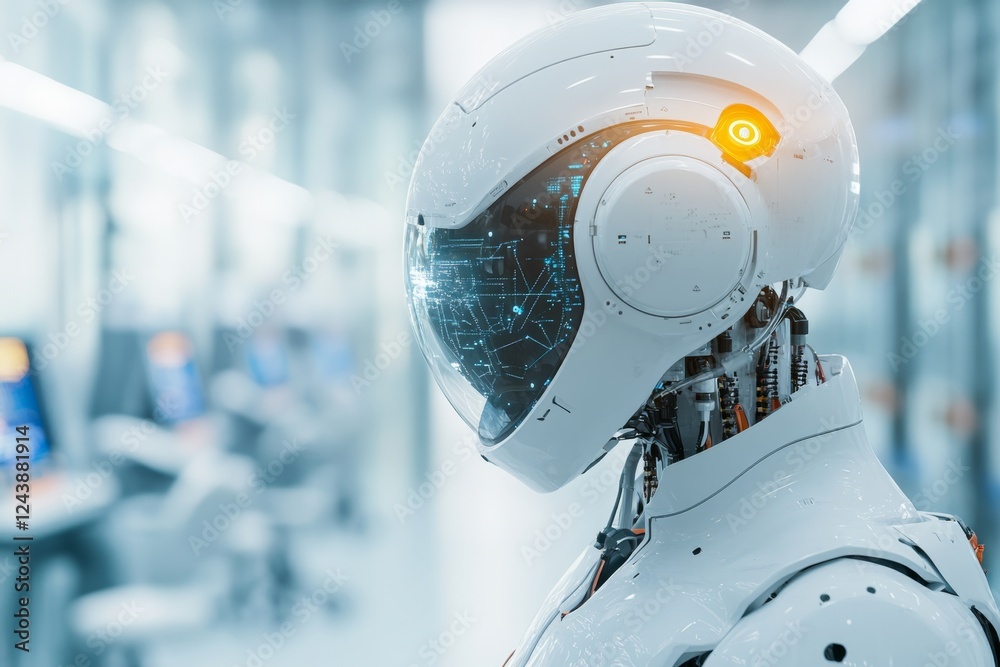 Poster a futuristic ai-powered laboratory where humanoid robots assist human scientists