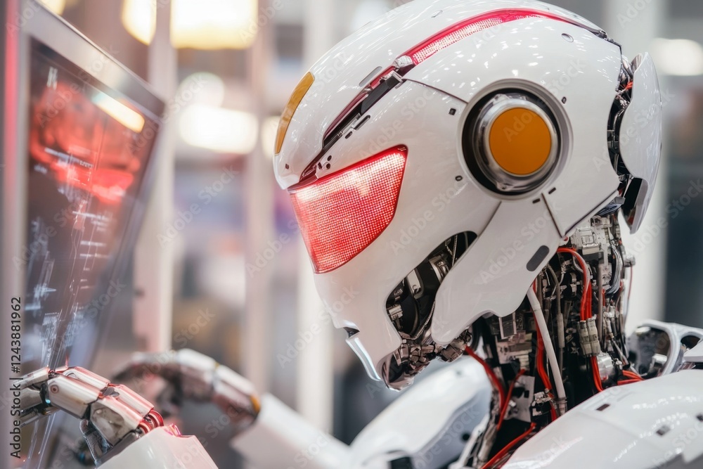 Poster a futuristic ai-powered laboratory where humanoid robots assist human scientists