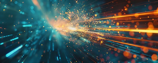 Fototapeta premium Digital Speed: Abstract futuristic background with a kaleidoscope of blue and orange streaks, glowing particles, and swirling energy radiating from a central point.