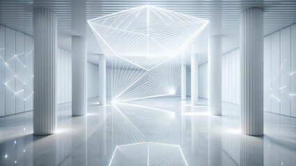 Obraz premium Illuminated Hallway with Modern Architectural Columns and Abstract Light Installation