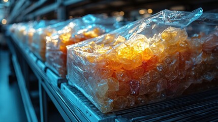 Colorful gelatin candies stacked in transparent packaging on shelves in a well-lit factory setting