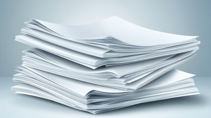 A neat arrangement of blank paper sheets is placed on a spotless surface, illuminated by gentle, soft lighting in a minimalist environment