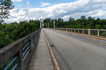 High concrete bridge for cars and trains at the same time. Architectural monument in the town of Bechyne in South Bohemia.