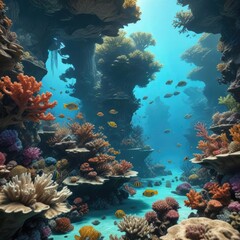 Obraz premium View of a coral reef's interior with towering coral formations and schools of fish, underwater scenery, coral reef