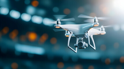 High-tech drone flying in an indoor environment, showcasing advanced design and capabilities.