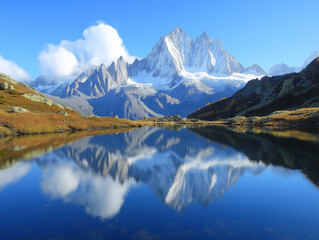 A serene lake reflecting snow-capped mountains and blue sky