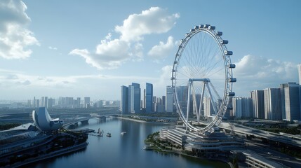 Obraz premium Magnificent skyline view of a large Ferris wheel beside a river in a bustling urban area during daylight hours