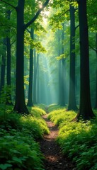 Obraz premium A calm and quiet forest with tall trees and dappled light, forest landscape, peaceful woods, greenery