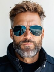 Serious male pilot in aviator sunglasses gazing at the camera against a bright white background