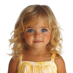 Adorable Little Girl with Curly Blonde Hair: A charming portrait of a toddler girl with captivating blue eyes and beautiful curly blonde hair, wearing a pale yellow sundress.