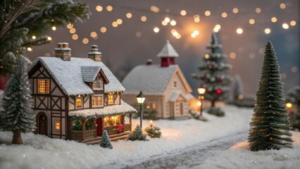 Fototapeta premium Vintage-Style Christmas Village Scene with Bokeh, warm glow, classic, traditional, decorations