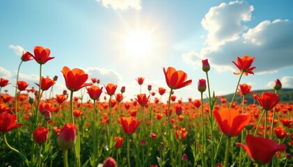 Fototapeta premium A field of Red Turk's cap flowers in full bloom under a sunny sky, red, bloom, sun