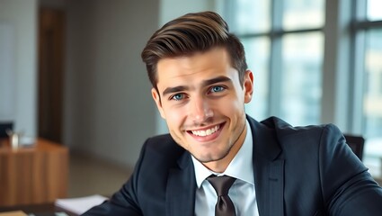 Fototapeta premium Portrait of a Young Man Smiling in an Office, Exuding Success