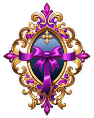 Fototapeta premium Ornate Golden Filigree Frame with Fuchsia Ribbon - Luxurious Decorative Design.