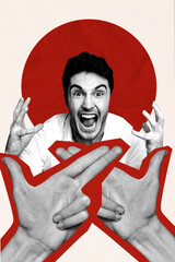 Sketch image artwork composite 3D photo collage of body language gesture symbol showing hand shooting angry man scream shout aggressive