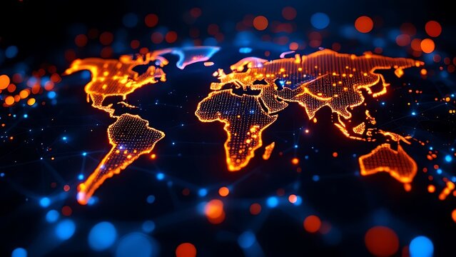 Global digital map data world analysis internet network connection glows bright orange background wallpaper AI generated image