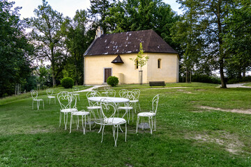Church at Cervena Lhota Castle in the Southern Guilds, Czech Republic. Historical monument and park...