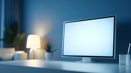 Fototapeta premium Modern workspace featuring a blank screen monitor, plant, and lamp in a cozy blue-themed room.