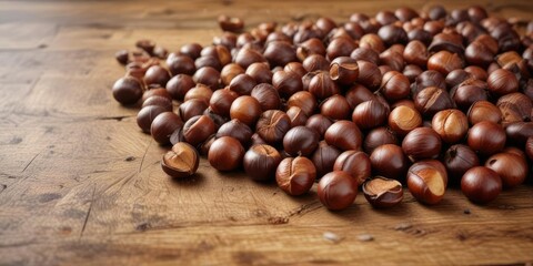 Fototapeta premium Warm roasted chestnuts scattered on a wooden table , roasted, hearth, embers