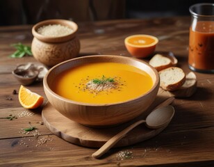Warm orange soup with sesame seeds in a wooden bowl on a rustic brown table , rustic, orange, lunch