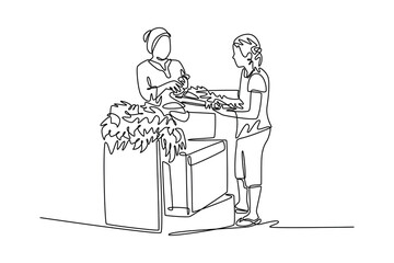 Outdoor street market concept. Single line draw design vector graphic illustration.