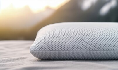 Orthopedic Pillow in Foreground with Snow-Covered Mountains and Clear Blue Sky. Generative ai