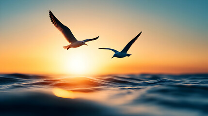 Naklejka premium Seagulls soar gracefully over tranquil ocean waves at sunset, creating a serene coastal scene.