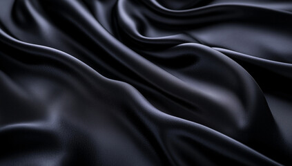 "A luxurious black silk fabric with soft waves and delicate folds, creating a smooth and elegant texture. The rich, flowing drapery enhances the depth and sophistication.