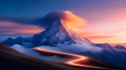 Stunning mountain landscape at sunset with a winding road and vibrant, colorful sky reflecting dramatic clouds.