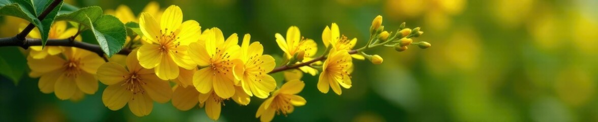 Fototapeta premium Clusters of yellow flowers on Mahonia aquifolium branches during spring bloom, , botanical