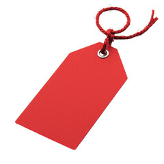 A vibrant red tag with a string loop, isolated on a white background, ideal for price labeling or gift tagging