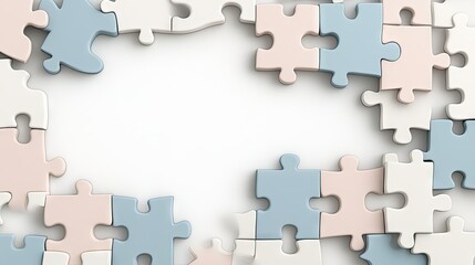 Colorful puzzle pieces arranged in a circle on a white background inviting completion and creativity