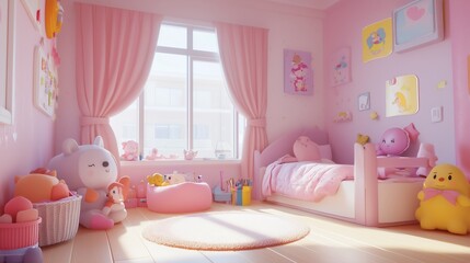 Cozy children's bedroom with bright colors and cute decorations in a 3D cartoon style