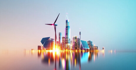 A bustling city skyline showcases modern architecture with solar panels and wind turbines. During sunset, the structures gleam brightly, reflecting advancements in sustainable energy.