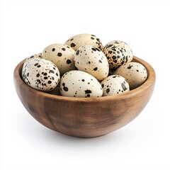 Obraz premium Speckled Quail Eggs in Wooden Bowl