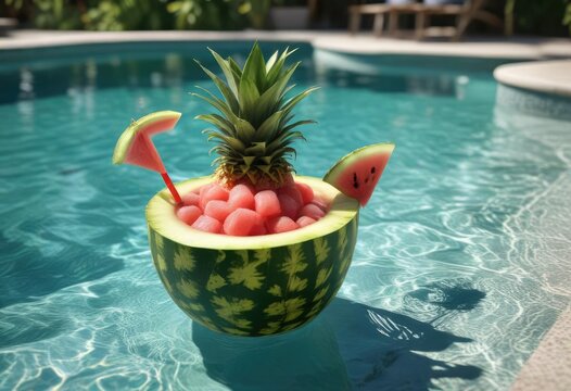 Watermelon cocktail served in floatable pineapple cup in pool, beach club, swim-up, outdoor relaxation, mixology