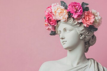 Elegant marble statue adorned with colorful flowers against a soft pink background