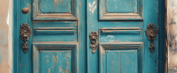 Close-up of an old teal vintage wooden door with ornate metal handles and peeling paint, symbolizing rustic charm and history in architecture.