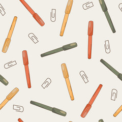 cute hand drawn cartoon colorful markers and paper clips seamless vector pattern background illustration