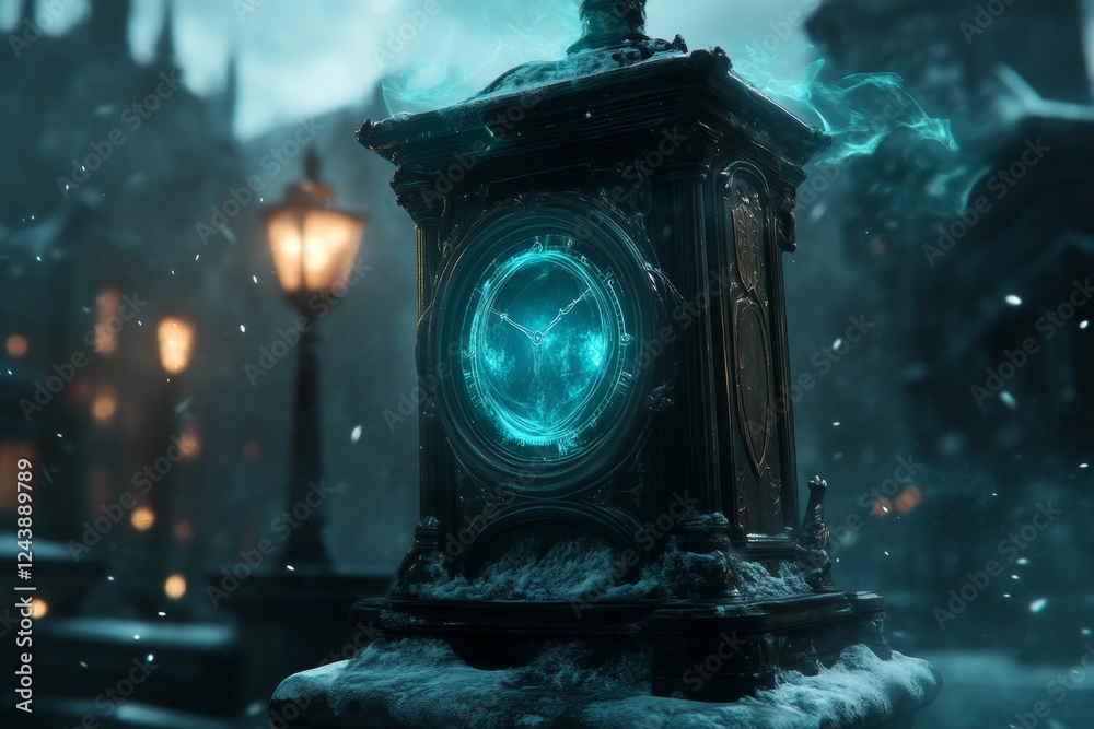 Poster a mystical time portal showing glimpses of different historical eras floating in the air