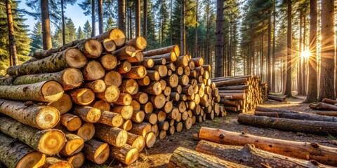 Golden Hour Lumber Stack in a Forest of Tall Trees