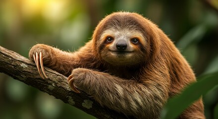 Naklejka premium Adorable Three-Toed Sloth Smiling on a Branch in Lush Rainforest