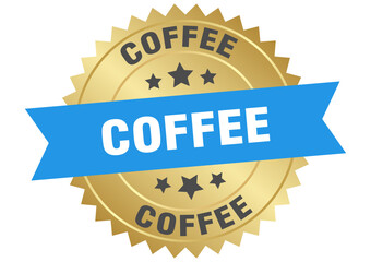 coffee. coffee round blue and gold label isolated on transparent background