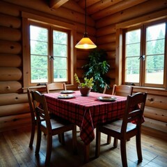 Cozy mountain lodge dining area with a red flannel blanket draped over the table, warm, lodge
