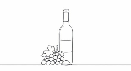 Minimalist line art of wine bottle with grapes