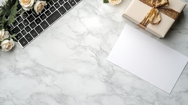 Beautiful workspace featuring a gift box and flowers arranged around a keyboard with an empty card ready for a personal message